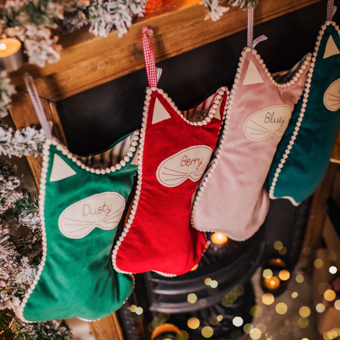 Personalised velvet cat Christmas stocking. Fully lined with pom pom trim and name tag