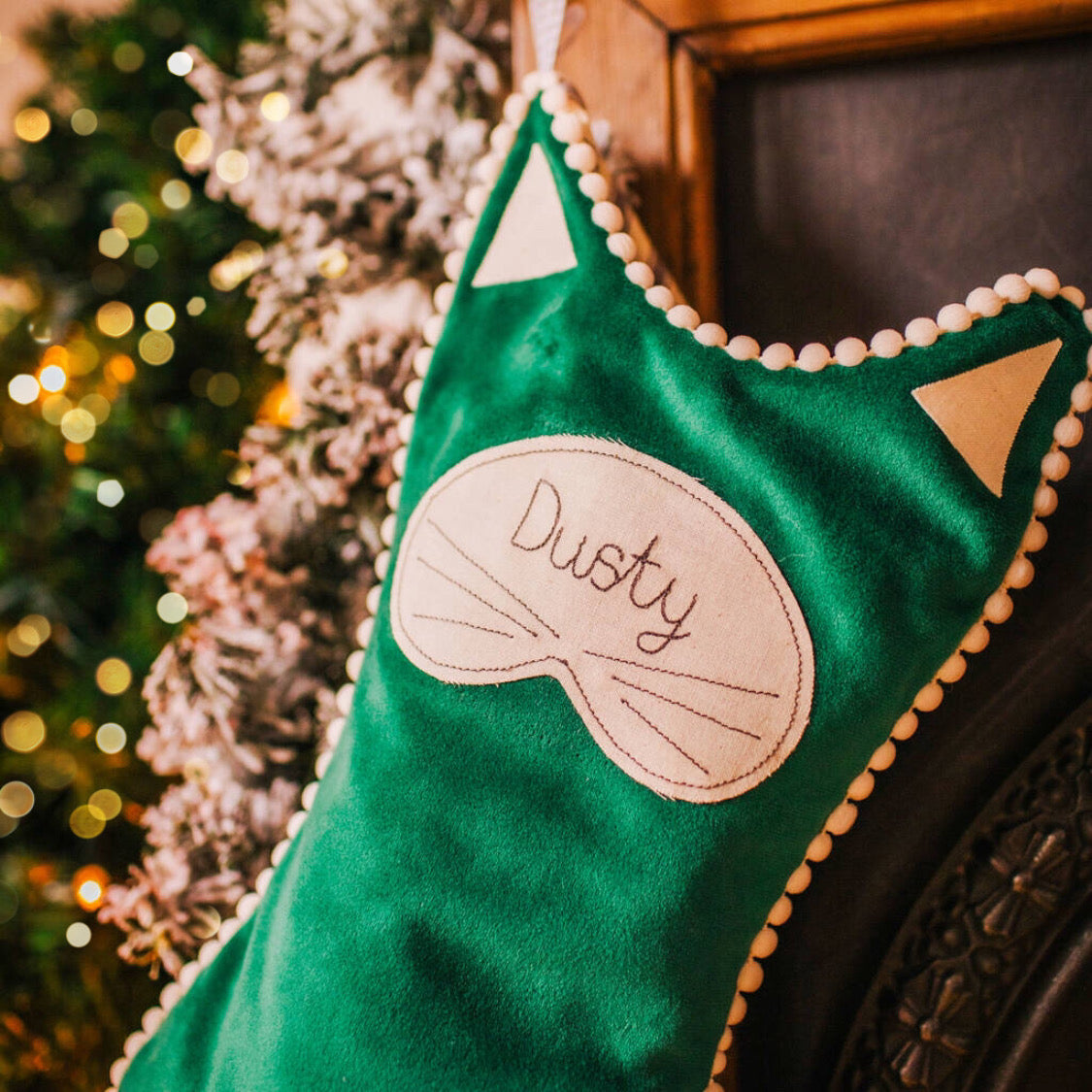 Personalised velvet cat Christmas stocking. Fully lined with pom pom trim and name tag