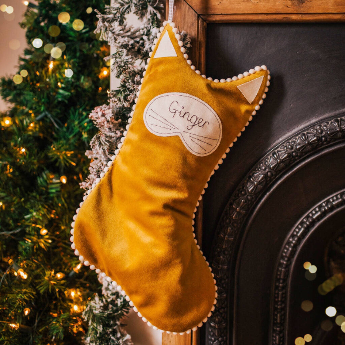 Personalised velvet cat Christmas stocking. Fully lined with pom pom trim and name tag