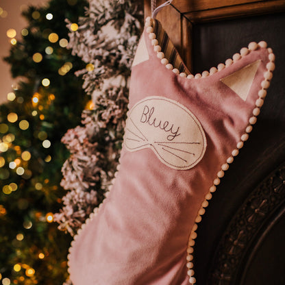 Personalised velvet cat Christmas stocking. Fully lined with pom pom trim and name tag