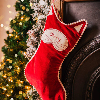 Personalised velvet cat Christmas stocking. Fully lined with pom pom trim and name tag