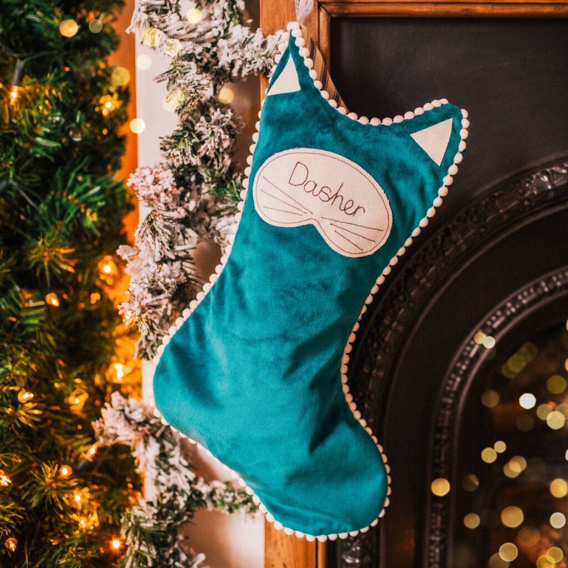 Personalised velvet cat Christmas stocking. Fully lined with pom pom trim and name tag