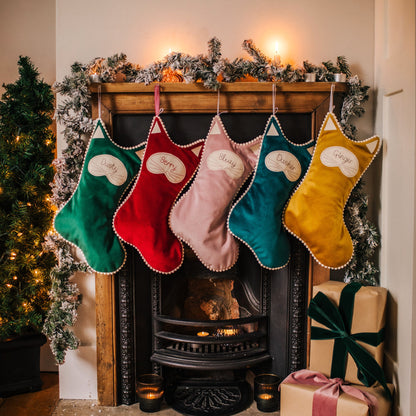 Personalised velvet cat Christmas stocking. Fully lined with pom pom trim and name tag