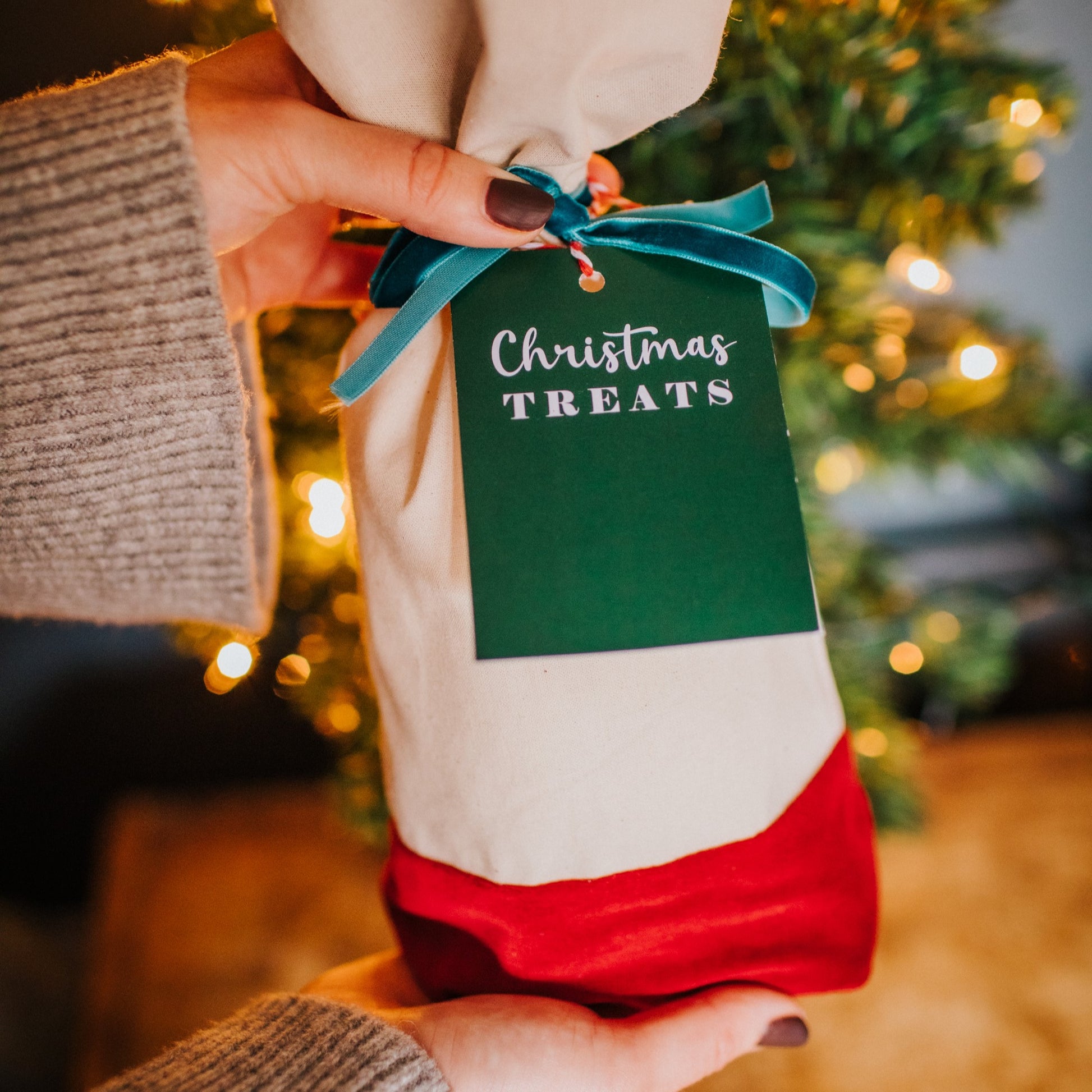 A reusable cotton and velvet gift bag with gift tag